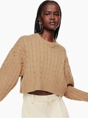 Aritzia Sunday Best Peggy Cropped Cable Knit Sweater in Tan/Camel
